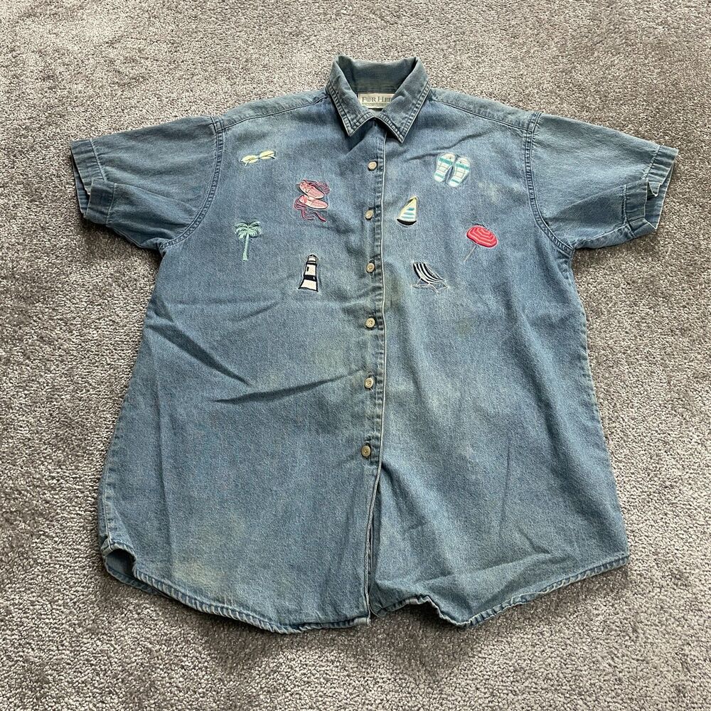 For Her Van Heusen Jean Button Up Shirt Womens Medium Denim Beach Emdroidered